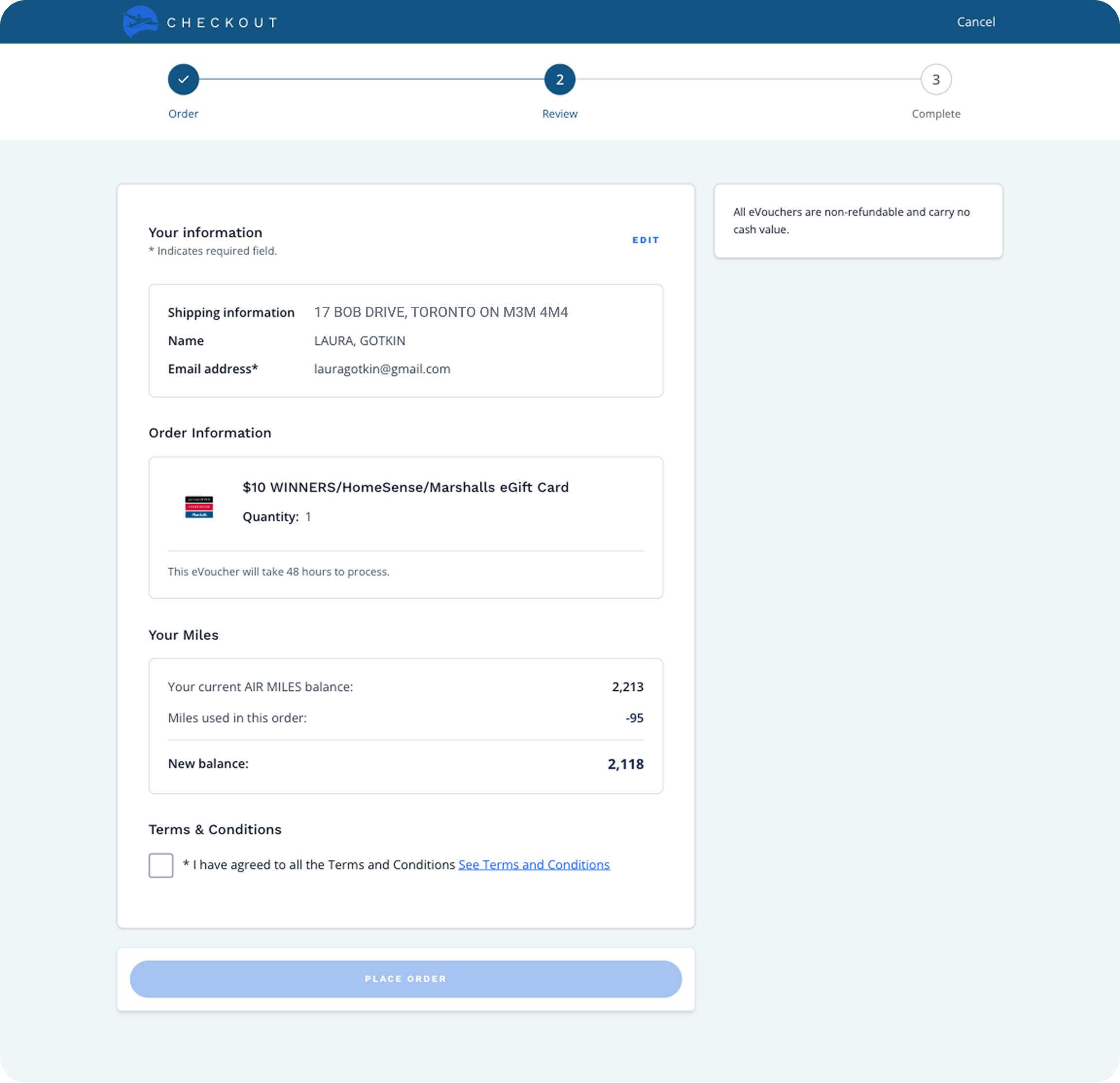 Original gift card checkout step 2